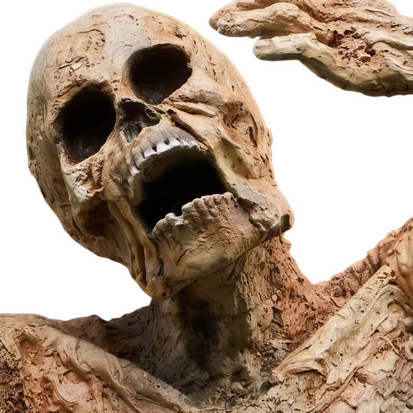 Decorative skeleton statue appearing to crawl out of a dirt base, featuring weathered bone textures and an open mouth.