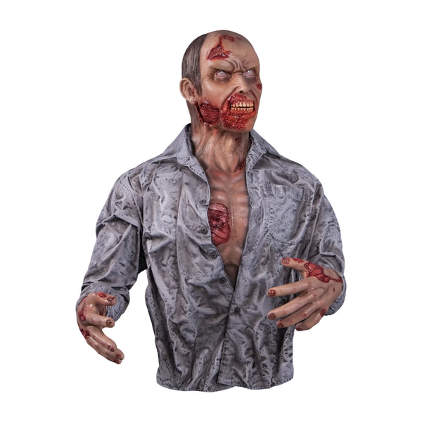 Half-body decorative zombie statue with weathered grey shirt, pale skin, and blood details.